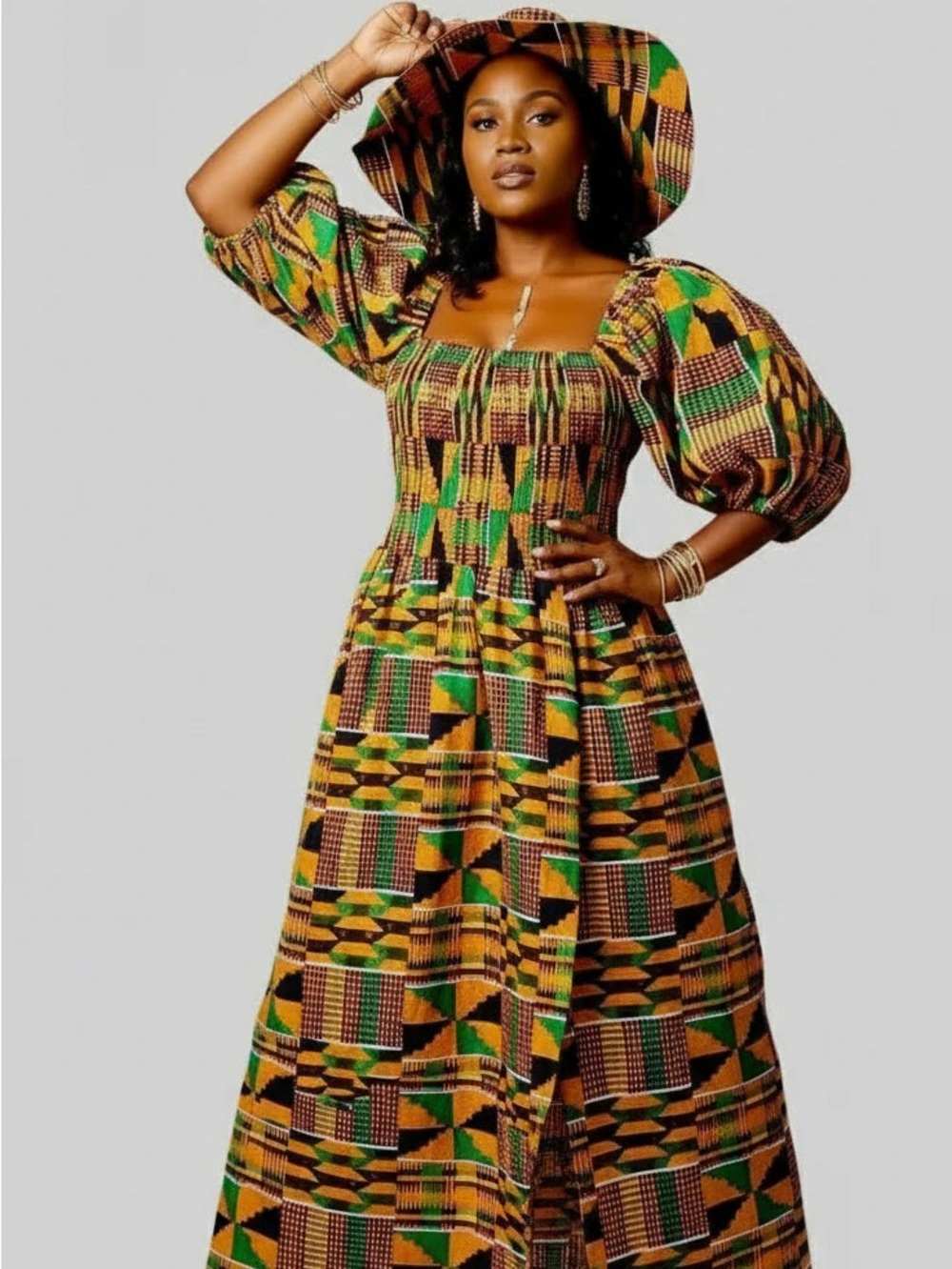 Maxi Slit Dress with Hat & Scarf Set SD01 Kente